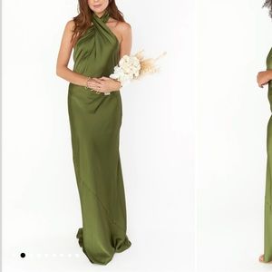 Show me your mumu jasmine halter maxi dress in rich olive luxe satin